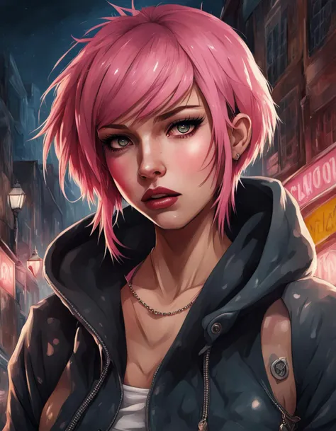 arcane style, 1girl, hoodie, arm tattoo, portrait, asymmetrical bangs, bandaid, short hair, bangs, breasts, freckles, grey eyes, large breasts, looking at viewer, neck tattoo, nose piercing, pink hair, scar, scar on face, solo, tattoo on face, upper body, detailed background, town, alley, dark alley, portrait, hood on head, night, angry, close up, closed mouth, , ((masterpiece)), absurdres