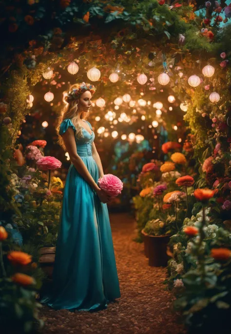 cinematic photo Arcane, Alexander Bogen, Alice in Wonderland, wandering in Enchanted Garden, beautiful, whimsical wonderland with oversized flowers, talking animals, hidden pathways, swirling lights:1.2, light particles:0.9,life-like, Incorporates vibrant colors, unusual plant arrangements, and fantastical creatures, texture, masterpiece, great art, high quality, best quality, highly detailed, 8k, wide shot, panorama, (Bottom view:1.1), Kodachrome,1970s,(8k, RAW photo, highest quality), eye focus, close up,sharp focus,(detailed eyes:0.8), <lora:sdxl_photorealistic_slider_v1:1>, (masterpiece,best quality:1.5) . 35mm photograph, film, bokeh, professional, 4k, highly detailed
