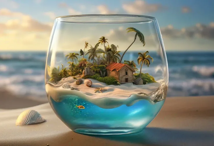 magic realism , epic, ((Magic realism)) extreme close-up, ((island with beach scene miniature inside a drinking_glass of water)) fantastic surrealism," 64k, highly detailed, UHD, HDR, octane render, whimsical scene of size juxtaposition. Playfully surreal, intricate details,"
"magic realism, photorealistic rendering, soft lighting, vibrant colors, ,magic realism, epic, size play, vivid magic realism by Hans-Werner Sahm and Marc Adamus, 64K, UHD, HDR, octane render, 3d render, depth by atmosphere, great color range""