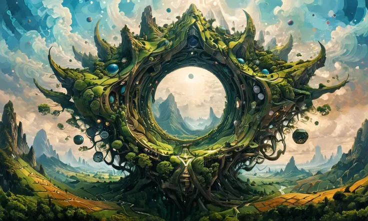 (masterpiece, best quality, ultra-detailed), a surrealistic landscape with strange geometry, ptm0, fenliexl, mixed media, surrealism, Faetastic, ab0m