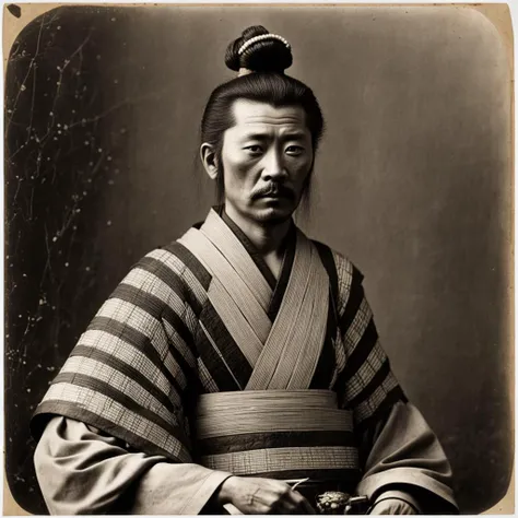 Award-winning vintage 19th century photograph of a samurai from the Edo period. aged photo. grainy photo. some damage on photostock.