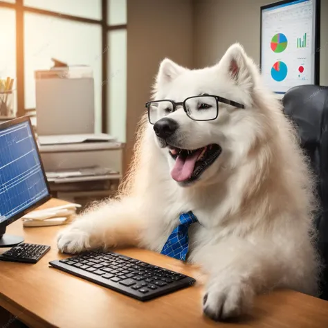 a samoyed dog acting like a human wearing glasses and business suit in an office viewing economic graphs on a computer screen and being happy while sticking its tongue out, photorealistic image