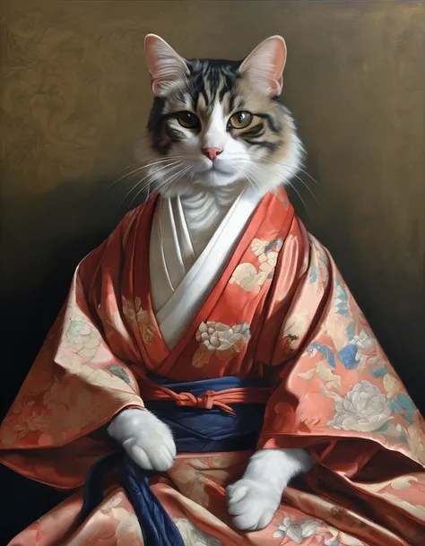 A cat is sitting in a kimono, in the style of renaissance - inspired chiaroscuro, hyper - realistic portraiture, nicolas mignard, old master influenced fantasy, portraitures with hidden meanings, dom qwek, art of burma