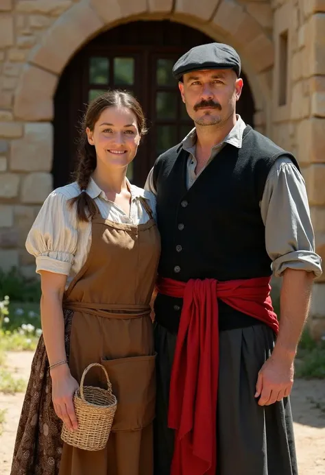 A hyper-realistic professional photo of two people standing before a rustic stone building, bathed in soft sunlight. The woman wears a traditional outfit: a brown apron over a long, patterned skirt. Her skin is smooth, with a gentle, warm expression. Her hair is neatly pulled back, framing her kind, weathered face. She holds a small woven basket in one hand, suggesting a simple, rural lifestyle.
Beside her stands a tall man in a black vest over a grey shirt, tied with a vibrant red sash around his waist. His face is strong and stoic, adorned with a neatly groomed mustache, and his expression is calm yet confident. A flat cap sits atop his short, dark hair. His stance is solid, hands relaxed by his sides, suggesting a figure of strength and reliability.
The background showcases an old stone building with arched windows, giving the scene a historic, timeless quality. The natural light casts soft shadows, enhancing the warmth of the setting. The couple's traditional attire and strong presence evoke a deep sense of history and rural life, making them appear as dignified, hardworking individuals from another era.scene,4k