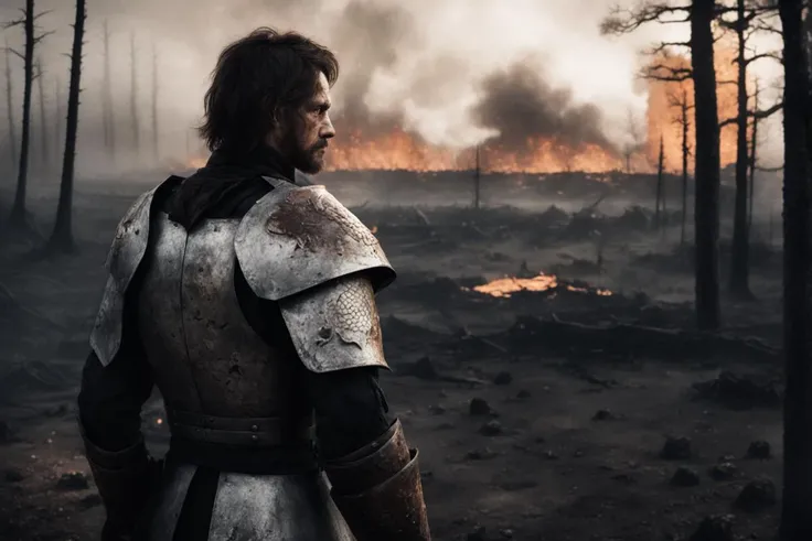 (extremely detailed texture and features:1.2) over the shoulder cinematic shot of a scruffy warrior in worn dull metal armor on a desolate battlefield, half broken trees, smouldering impact craters, burning structures, early evening