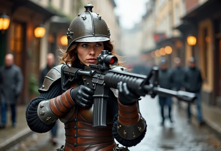 A photorealistic 8K photograph of an English Old world Victorian 20yo woman. She is beautiful and wearing Victorian styled battle armour. Imagine a modern type of gear but made from Victorian era materials and style. She is holding a tactical M-16 with an aim on an enemy.
The photo is a full body action shot taking place in a street with old world feel and cobblestone streets.