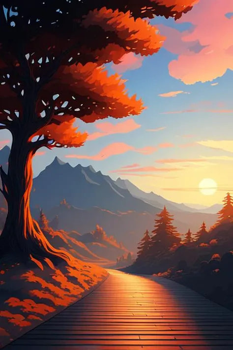 a painting of a wooden walkway leading to a mountain range at sunset with a tree casting a shadow on the ground, beautiful landscape, Alena Aenami, computer art, a detailed matte painting