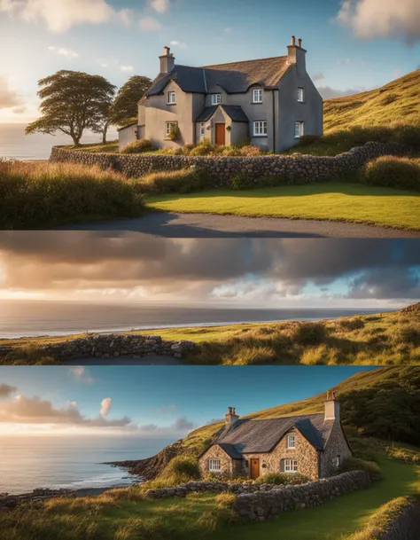a beautiful cottage, scotland coastal village, (sharp focus:1.2), extremely detailed, (photorealistic:1.4), (RAW image, 8k high resolution:1.2), RAW candid cinema, 16mm, color graded Portra 400 film, ultra realistic, cinematic film still, subsurface scattering, ray tracing, (volumetric lighting)