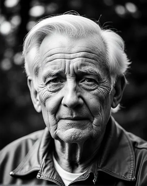 portrait photo of an old man, sitting on a bench at a park, rim lighting, studio lighting, looking at the camera, dslr, ultra quality, sharp focus, tack sharp, dof, film grain, Nikon D850, crystal clear, 8K UHD, highly detailed glossy eyes, high detailed skin, skin pores, detailed wrinkles, detailed skin blemishes, age affects clear on his face
