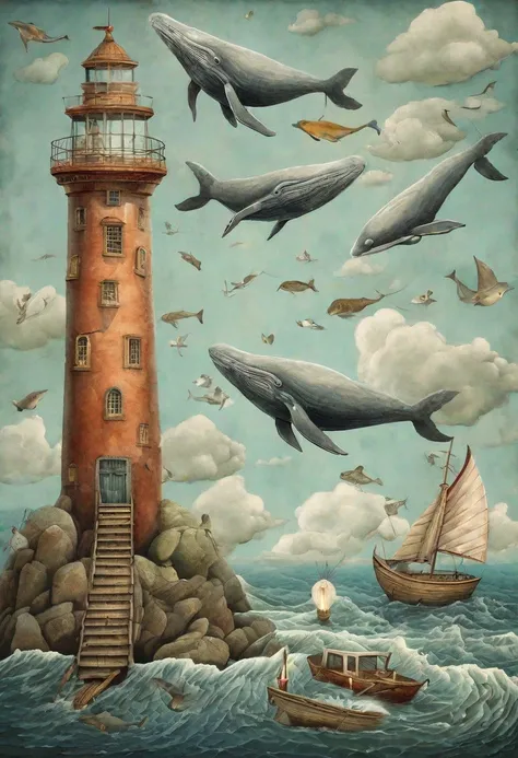 Neo Surrealism, whimsical art, fantasy, painting, magical realism bizarre art, pop surrealism, inspired by Remedios Varo, Jacek Yerka and Gabriel Pacheco. Generate an illustration of Whales flying between lighthouses.