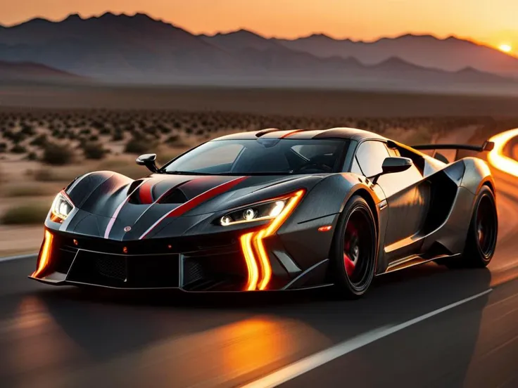 photo of a supercar, 8k uhd, high quality, road, sunset, motion blur, depth blur, cinematic, filmic image 4k, 8k with [George Miller's Mad Max style]. The image should be [ultra-realistic], with [high-resolution] captured in [natural light]. The lighting should create [soft shadows] and showcase the [raw] and [vibrant colors]