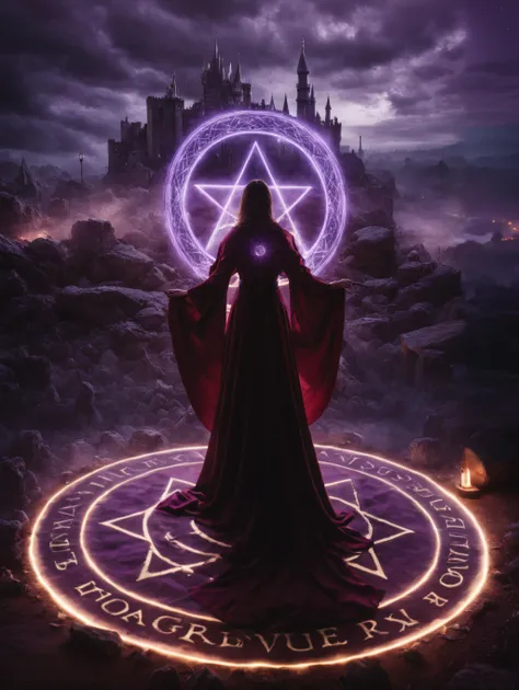 masterpiece,best quality,highly detailed,large format, photo of a mysterious woman dress in dark red robes, holding up a open book, casting a (magic rune circle on the ground:1.2), magical purple light beam, on the [baech|castle|river|forest] at night, (silhouette lighting:1.4), from above angle, piramid,evil castle