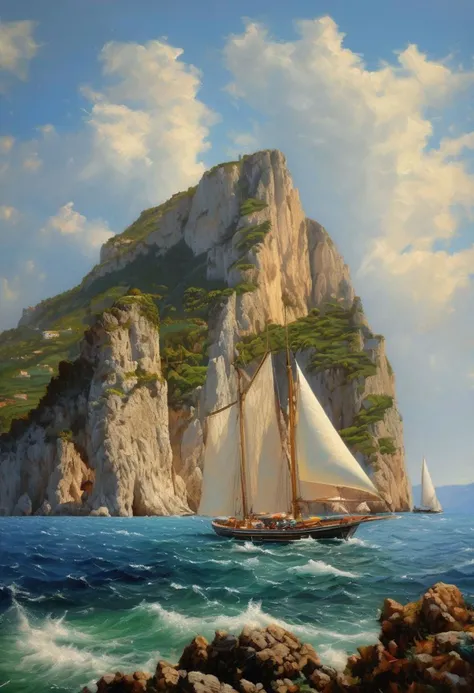 italy, capri coast, sea, sunny day, summer, sailing boat, clouds on the sky, oil painting style, , hyper detailed, masterpiece, hyperrealistic, high quality, sharp, highly detailed in Brooding landscapes, epic scale, German myth, layered symbolic density, pixel art, 32bits
