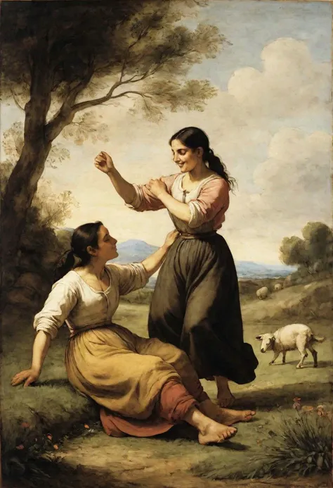 A shepherd is lying on the lawn, young peasant women are dancing around, Bartolome Esteban Murillo