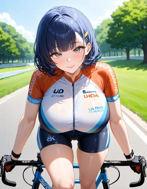 todoshizuko, purple hair, ponytail, hair ribbon, long hair, blue eyes, makeup,  old , large breasts, solo, nsfw, nipple,  ride a bicycle