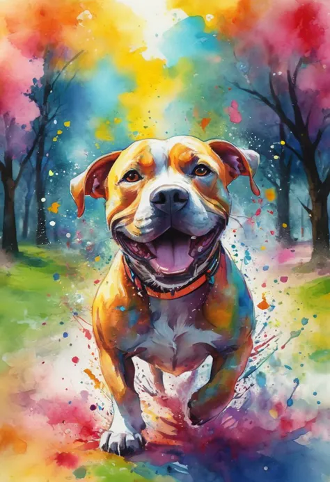 ((Bleeding watercolor)), cartoon style illustration of a pitbull's day dream, seeing the world in color for the first time, swirling dust and colors, ((3 dogs)), ((running at the park)), best quality, wallpaper art, UHD, centered image, ((bright neon colors)), ink bleeding, water color effect,