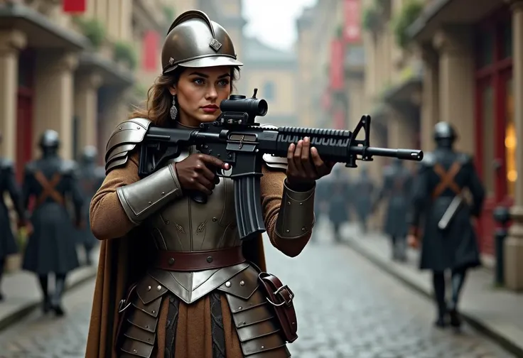 A photorealistic 8K photograph of an English Old world Victorian 20yo woman. She is beautiful and wearing Victorian styled battle armour. Imagine a modern type of gear but made from Victorian era materials and style. She is holding a tactical M-16 with an aim on an enemy.
The photo is a full body action shot taking place in a street with old world feel and cobblestone streets.