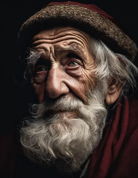portrait of very old, (150 years old), poor, homeless, tired, retired Santa Clause, toothless, open mouth, one (eye blind) with ((cataract)), (eye contact:1.3), (intense stare:1.3), on a (plain black background:1.2), (headshot:1.2), (face focus:1.1), (facing the camera:1.2), head in the centre, slight smile but sad, (facing straightforward:1.2), (forward facing:1.1), face, Head, Head focus, Head tilted down, bokeh, f1.4, 40mm, photorealistic, raw, 8k, skin pores, dried-up, textured skin, intricate details, dramatic light, award winning,