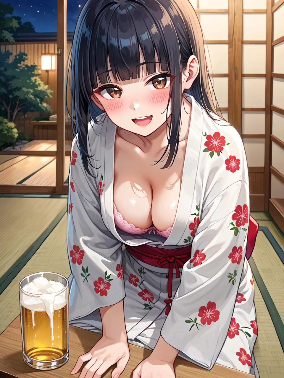 score_9, score_8_up, score_7_up,source_anime,perspective,
(night),ryokan,tatami,sitting on tatami,looking at viewer,leaning forward,holding beer,
1girl,solo,kaju nukumizu, long hair, black hair, blunt bangs, brown eyes,smile,open mouth,blush,(torogao:0.4),Drunk,
<lora:yukata_pony_V1.0:0.6>jyojifuku, yukata, japanese clothes, floral print,
<lora:munechira_PONY_V1:0.6>munechira,close-up, underwear,pink bra, breasts, cleavage,
<lora:PONYXL_CONCEPT_PovDating_ownwaifu:1>CONCEPT_PovDating_ownwaifu,pov across table,