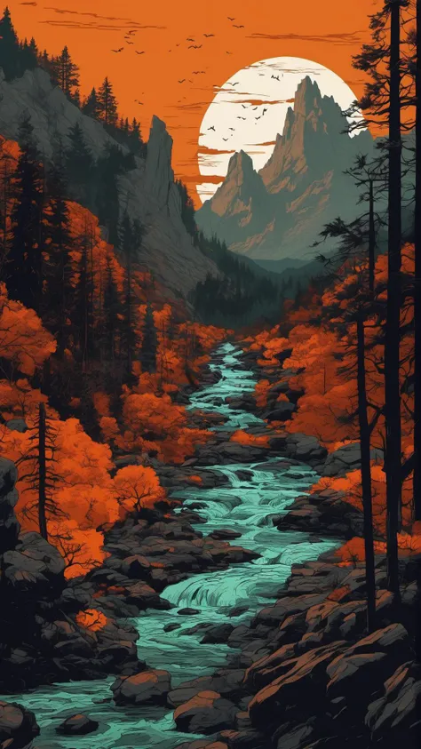 movie shot of a mountainous rocky landscape with a raging river and lush forest, creepy, scary, horror, cinematic, epic, poster, digital painting, orange and dark colors, intricate details, Asaf hanuka, uplight, 35mm