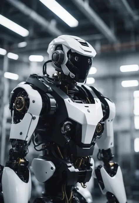 portrait of highly detailed (black mechanical robot:1.2) soldier, hydraulics, wires, metal texture, in a white robot factory, cinematic photo, 35mm f/11 photograph, film, bokeh, professional, 4k, highly detailed