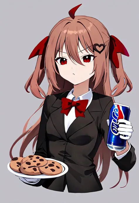 solo, Evil Neuro-sama,1girl, red eyes, hair between eyes, brown hair, ahoge, two side up, red hair ribbon, heart hair ornament, black suit, white shirt, collared shirt, red bowtie, white gloves, black pants, upper body, simple background, holding plate, pepsi, cookie,