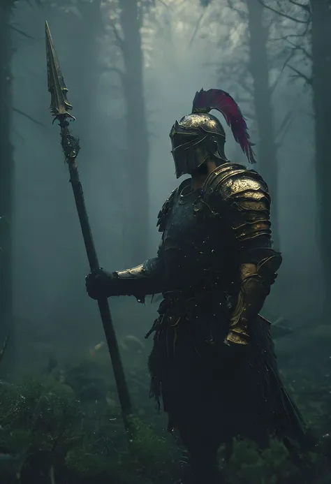 Side View of a Roman Warrior pierced By a spear, Overgrown, mystic, ethereal, darkness, 
atmospheric haze, Film grain, cinematic film still, shallow depth of field, highly detailed, high budget, cinemascope, moody, epic, OverallDetail, 2000s vintage RAW photo, photorealistic, candid camera, color graded cinematic, eye catchlights, atmospheric lighting, imperfections, natural, shallow dof