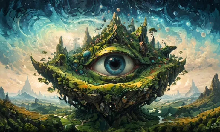 (masterpiece, best quality, ultra-detailed), a surrealistic landscape with strange geometry, ptm0, fenliexl, mixed media, surrealism, Faetastic, ab0m