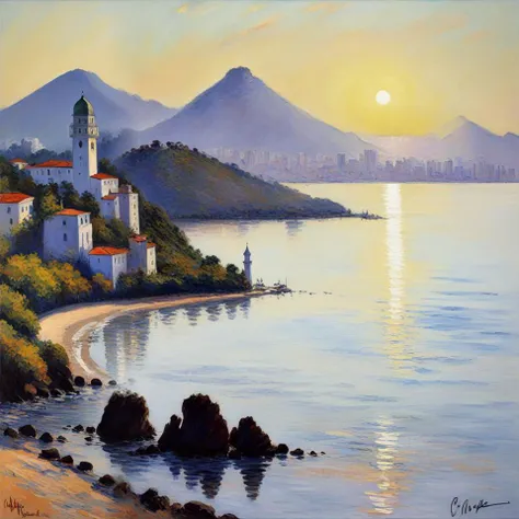 impressionism, painting by Claude Monet, Rio de Janeiro, sunlight, (ocean shore:0.8), city, (hill:0.7), clippers