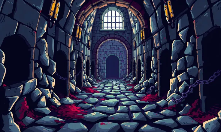 Glitchcore Art Style, retro game art pixel-art. In an early-medieval setting.
An early-medieval prison, where the cells are little more than holes carved into the rock. The stench of filth and despair hangs heavy in the air, and the only light comes from a small, barred window high above. The sound of chains dragging across the stone floors echoes down the hall.
dynamic, dramatic, (vibrant:1.2), (vibrant colors:1.3), medieval fantasy game art, nostalgic, charming, glitchcore art style