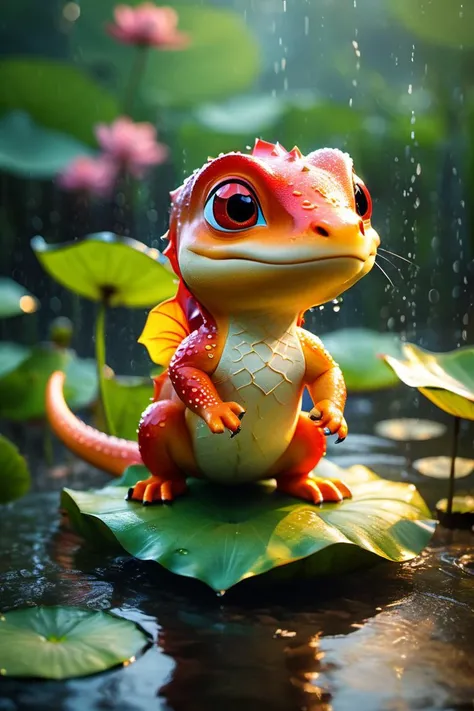 cinematic film still style of Pixar,<lora:xl_more_art-full_v1:1>,charmeleon,in the style of cute and dreamy,backlight,colorful caricature,rain,summer pond,lotus leaf,lotus,((water drops)),wet clothes,((beautiful detailed water)),((floating)),dynamic angle,:d,smug,naughty_face,, (((masterpiece))),(((best quality))),((ultra-detailed)), Hyper Real,Photorealistic,16K,high detail,high resolution . shallow depth of field, vignette, highly detailed, high budget, bokeh, cinemascope, moody, epic, gorgeous, film grain, grainy