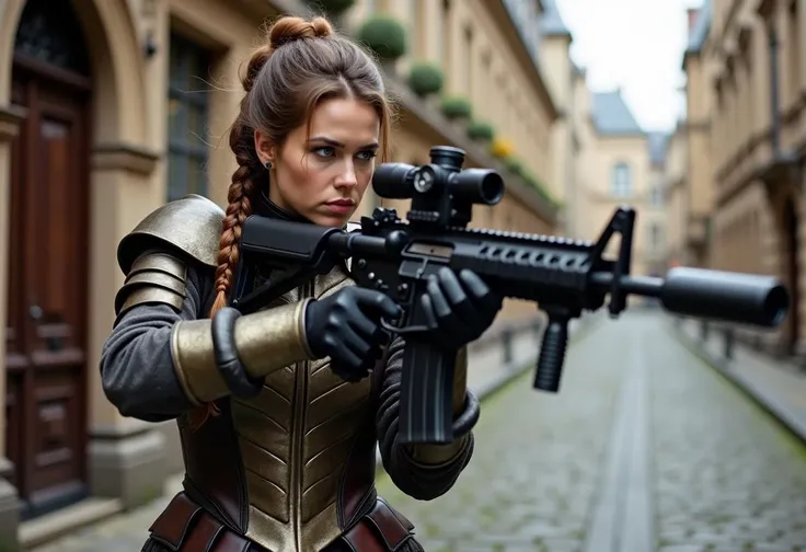 A photorealistic 8K photograph of an English Old world Victorian 20yo woman. She is beautiful and wearing Victorian styled battle armour. Imagine a modern type of gear but made from Victorian era materials and style. She is holding a tactical M-16 with an aim on an enemy.
The photo is a full body action shot taking place in a street with old world feel and cobblestone streets.