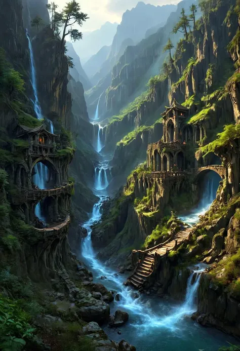 Best quality, masterpiece, 32k, UHD, high detailed,
The picture shows elven magic-forges, which are crowded on the mountain slopes and among the trees and waterfalls of the canyon. Arched stone bridges stretch between the forges. Long wooden vents stretch upward from the gorge, emitting a warm golden steam. A large water mill wheel slowly turns, driven by the current of the river at the bottom of the gorge. Gloomy sky, light rain, cozy.
cinematic, illustration, epic,