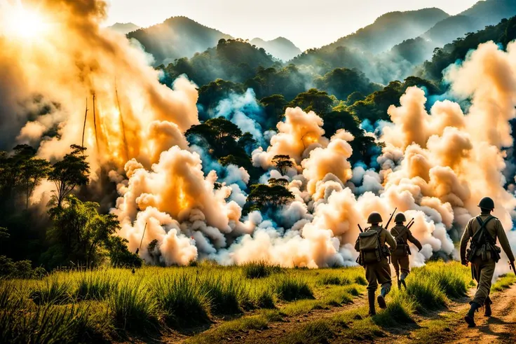 The scene of the Hong Kong war in the 1920s depicts a backdrop of smoke, gunfire, and young soldiers heading to the battlefield, (masterpiece, best quality:1.5), cinematic photo, 35mm photographs, film,  bokeh, professional, 4k, highly detailed, 1940 settings, (masterpiece,best quality:1.5)