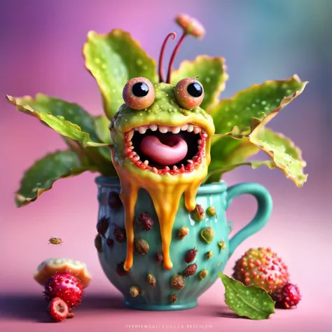 A cute and magical pitcher plant in a pot with a big mouth with tiny teeth, sparkling expressive eyes and lots of leaves and a tongue that sticks out to eat a bug. Detailed photorealistic and colorful. The blurred background with plantsa colorful and delicious custard and fruit tart, the fruit arranged in a regular way taken from the top perpendicular, with a slice cut