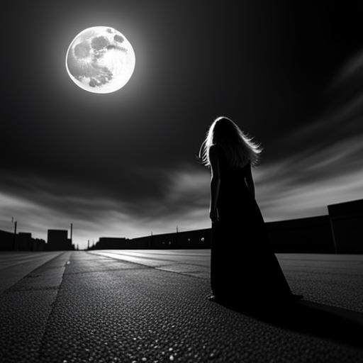 A woman standing in the middle of a road looking at the moon - SeaArt AI