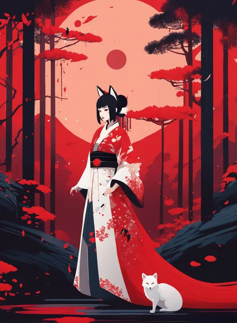 1girl, dancing dress, kitsune, Japanese forest night, red moon, katana dripping blood, closeup, gradient, detailed face, big breasts, (art by Petros Afshar)