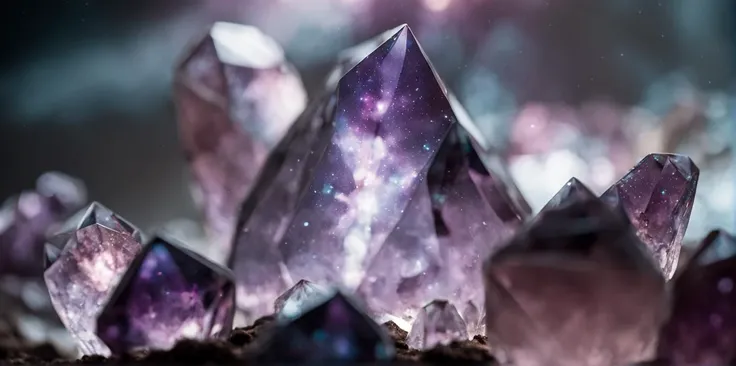 Raw photo, , 8k uhd, dslr, soft lighting, high quality, film grain, Fujifilm XT3, close up low angle shot beautiful faceted transparent lavender color crystal formation, with (nebula and galaxy inside the crystals:1.5), cinematic photo, 18mm f/11 photograph, film, bokeh, professional, 4k, highly detailed