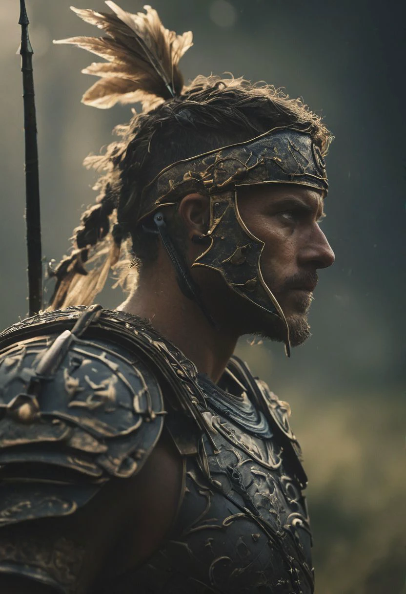 Side View of a Roman Warrior pierced By a spear, Overgrown, mystic, ethereal, darkness,
atmospheric haze, Film grain, cinematic film still, shallow depth of field, highly detailed, high budget, cinemascope, moody, epic, OverallDetail, 2000s vintage RAW photo, photorealistic, candid camera, color graded cinematic, eye catchlights, atmospheric lighting, imperfections, natural, shallow dof
