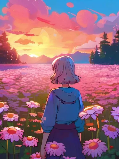 anime artwork girl face made of giant daisies, standing in a flower field, holding flowers, surreal photography, sunset dramatic light, impressionist painting, colorful clouds, large sky, digital painting, artstation, simon stalenhag . anime style, key visual, vibrant, studio anime, highly detailed