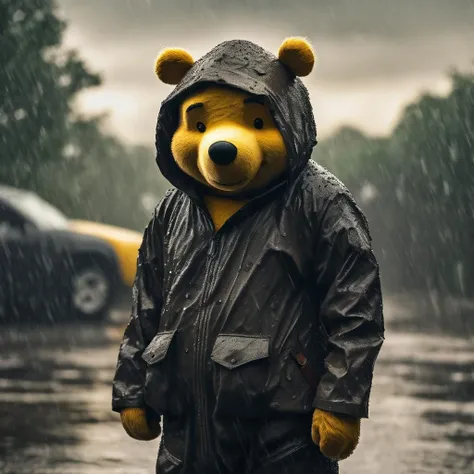dramatic photograph of a Winnie the Pooh techwear, overcast, heavy rain, detailed, cinematic, atmospheric