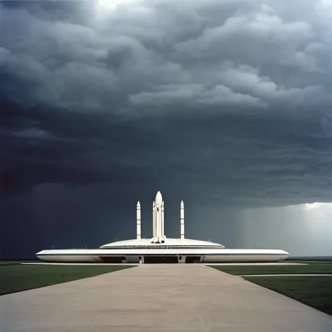 by Luigi Ghirri, massive spaceport, dramatic dark clouds, heavy rain