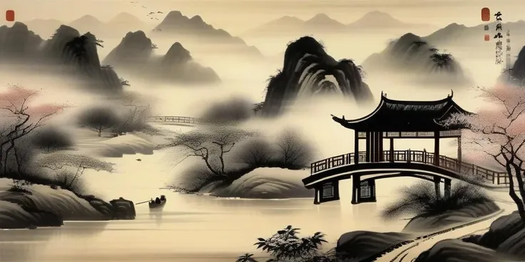 Chinese ink painting style, high-quality, realistic, landscapes. In the distance, clouds and mist linger, revealing glimpses of tall and low mountain peaks. A winding river flows through a picturesque Chinese town, exuding an ancient charm. Over the river, there is a traditional Chinese-style wooden bridge. Along the banks of the river, there are rows of wooden houses adorned with peach blossom trees in front. <lora:tangbohu-style-xl:0.7> tangbohu style,