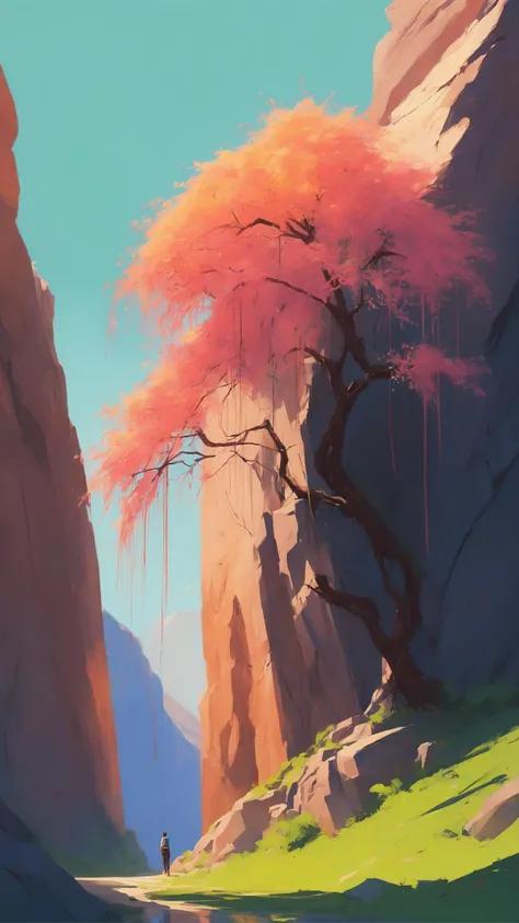 by atey ghailan, blooming weeping willow tree clinging to the side of a cliff in a vast narrow chasm,vivid colors, high contrast