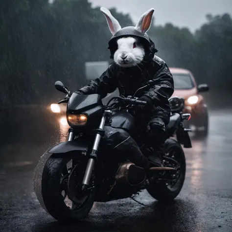 dramatic photo, rabbit on a techwear motorcycle, heavy rain