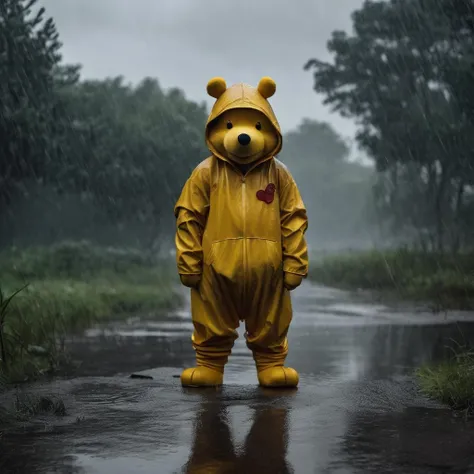 dramatic photograph of a Winnie the Pooh techwear, overcast, heavy rain, detailed, cinematic, sci-fi