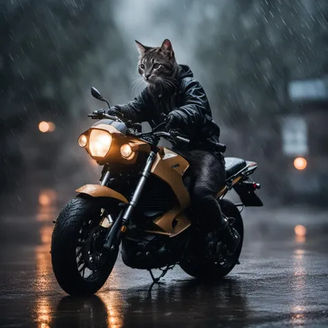 dramatic photo, cat on a techwear motorcycle, heavy rain, random location