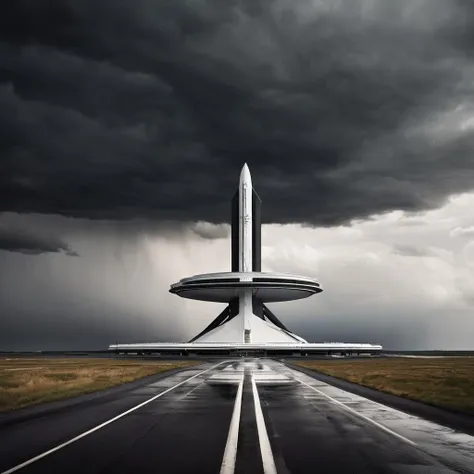 by Andreas Levers, massive spaceport, dramatic dark clouds, heavy rain