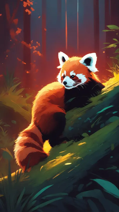 by atey ghailan, a (baby red panda) playing with a (baby bobcat), lost within a vast futuristic post apocalyptic lush wilderness, under lit, before dawn, vivid colors, high contrast