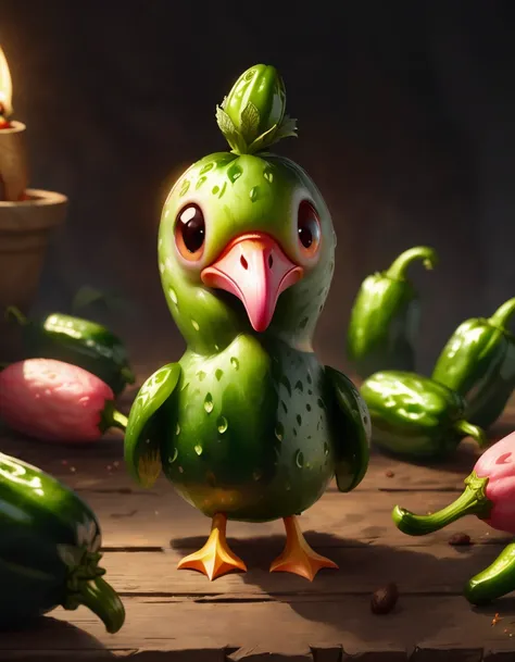 very cute appealing anthropomorphic jalapeno flamingo, looking at the viewer, macro, cinematic lighting, fantasy art, dynamic composition, epic realistic, award winning illustration  <lora:FoodPets:1> Foodpets